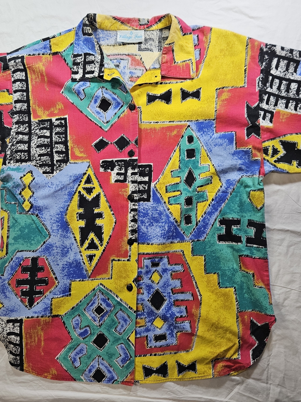 Vtg Village Fair Bright Geo 90s Print Button-Down Shirt in Yellow, Red, & Blue